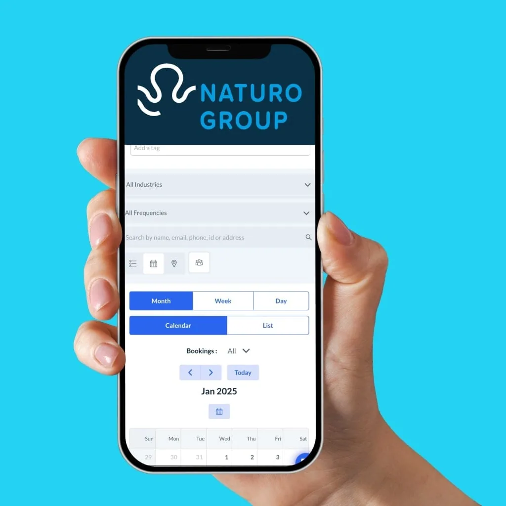 Eco-friendly house cleaning service by NATURO GROUP, showcasing easy mobile booking on a smartphone.